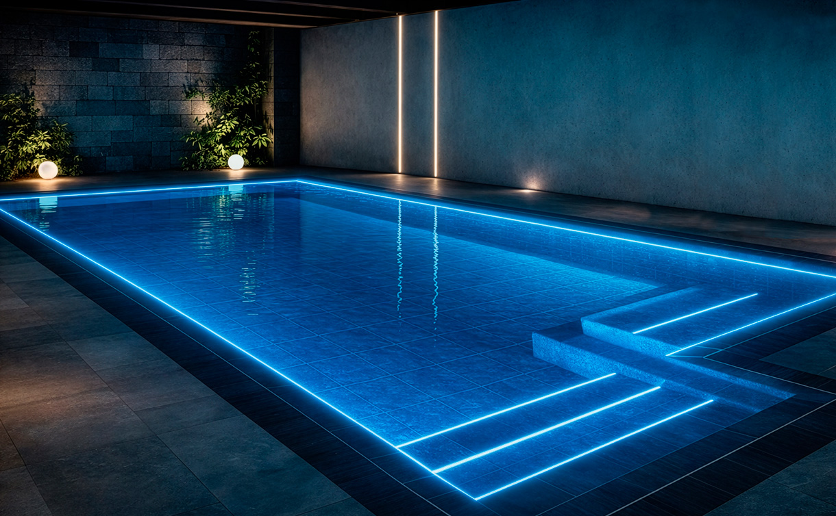 Piscina iluminada con tiras de neón LED azules